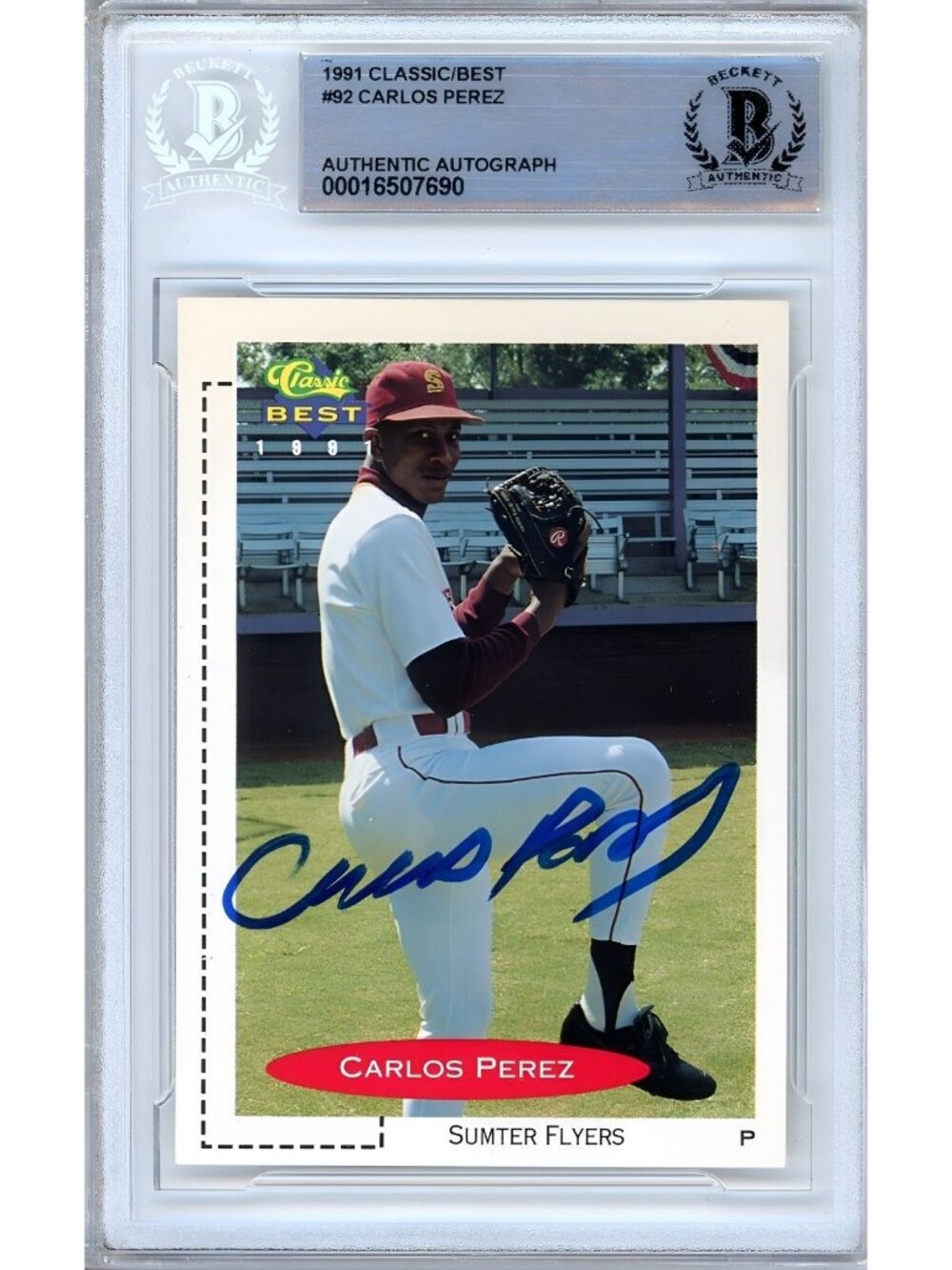 Carlos Perez Signed 1991 Classic Best #92 Sumter Flyers Expos BAS Slabbed Auto